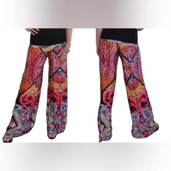 J Red Boho Hippie Aztec Wide Leg Palazzo Pants Women's Size L Tall - Picture 2 of 14